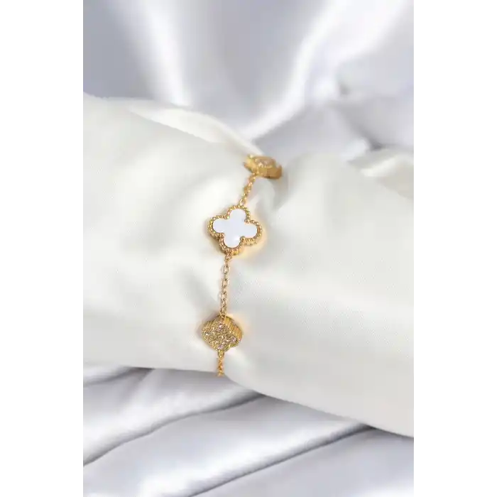 316L Çelik Zincir Zirkon Taşlı Yonca Beyaz Kadın Bileklik