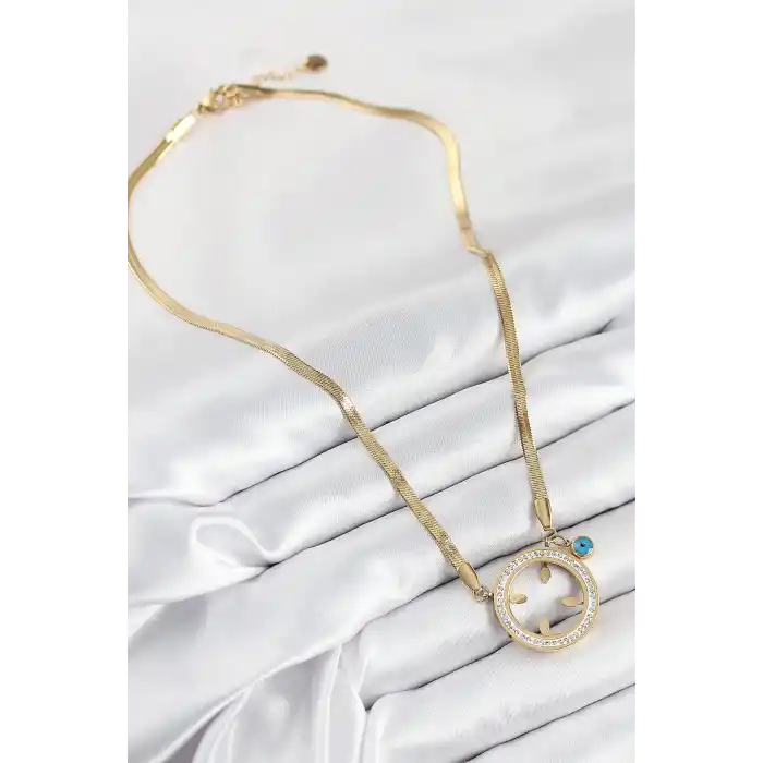 316L Çelik Zirkon Taşlı Çeyrek Takılabilir Gold Renk Kadın Kolye