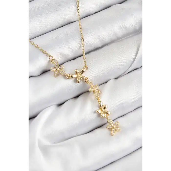 316L Çelik Zirkon Taşlı Çiçek Model Gold Renk Kadın Kolye