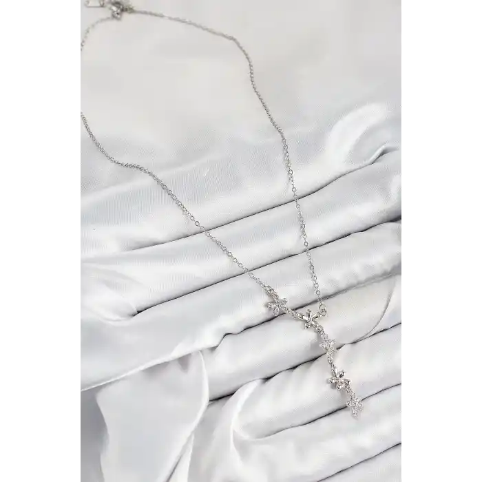 316L Çelik Zirkon Taşlı Çiçek Model Gümüş Renk Kadın Kolye