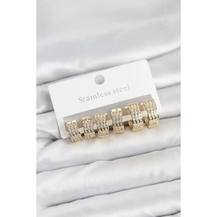 316L Çelik Zirkon Taşlı Gold Halka Küpe Seti