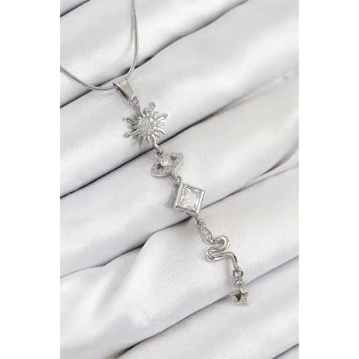 316L Çelik Zirkon Taşlı Güneş Ve Ay Enerji Model Gümüş Renk Kadın Kolye