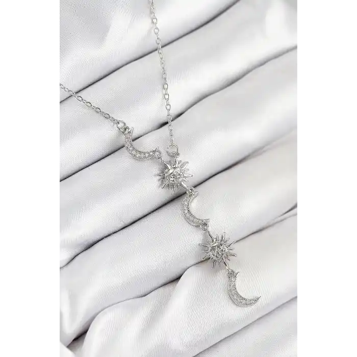 316L Çelik Zirkon Taşlı Güneş Ve Ay Model Gümüş Renk Kadın Kolye