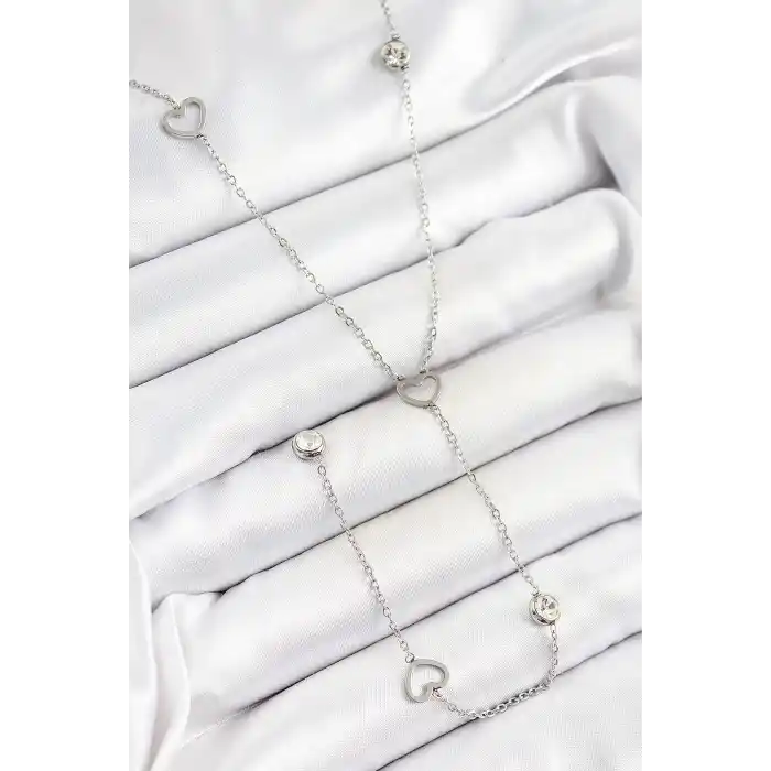 316L Çelik Zirkon Taşlı Kalp Figürlü Y Model Gümüş Renk Kadın Kolye