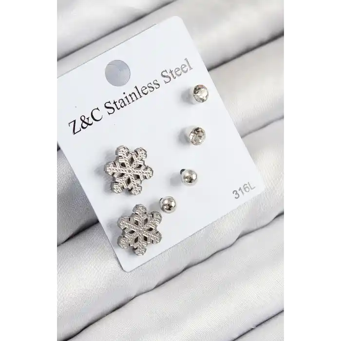 316L Çelik Zirkon Taşlı Kar Tanesi Model Gümüş Renk Kadın Set Küpe