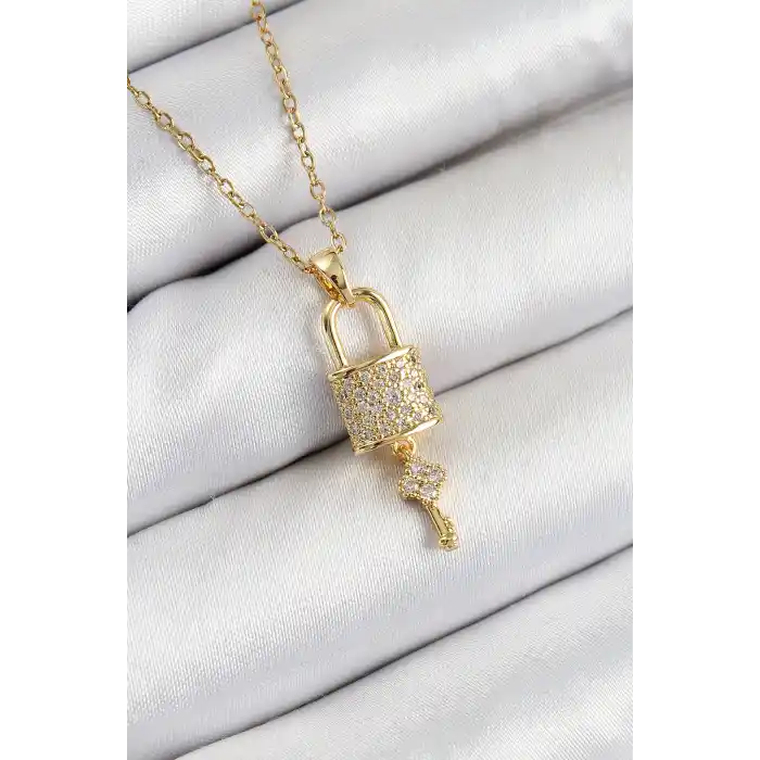 316L Çelik Zirkon Taşlı Kilit Ve Sallantılı Anahtar Model Gold Renk Kadın Kolye