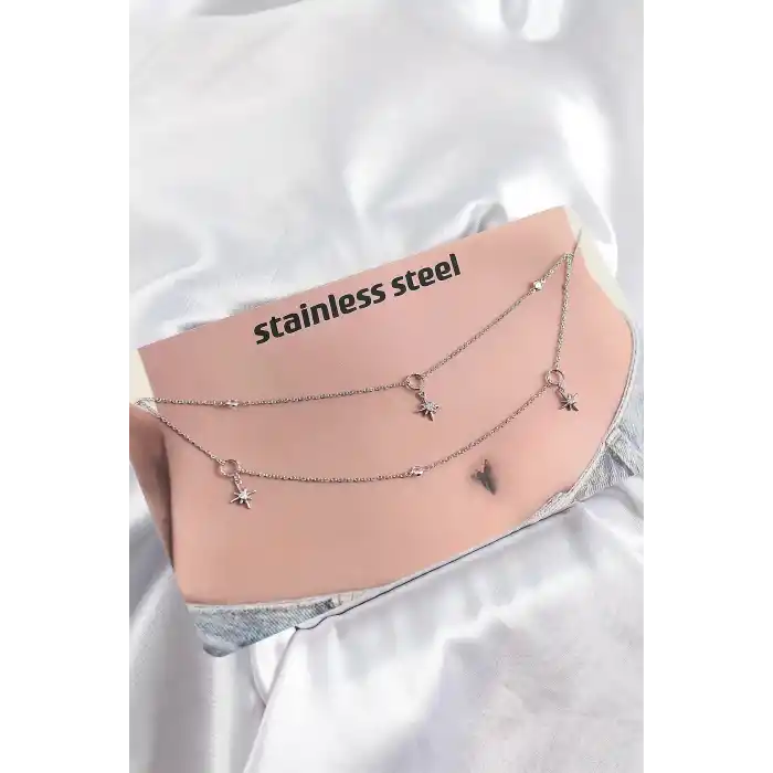 316L Çelik Zirkon Taşlı Kutup Yıldızı Model Gümüş Renk Göbek Zinciri