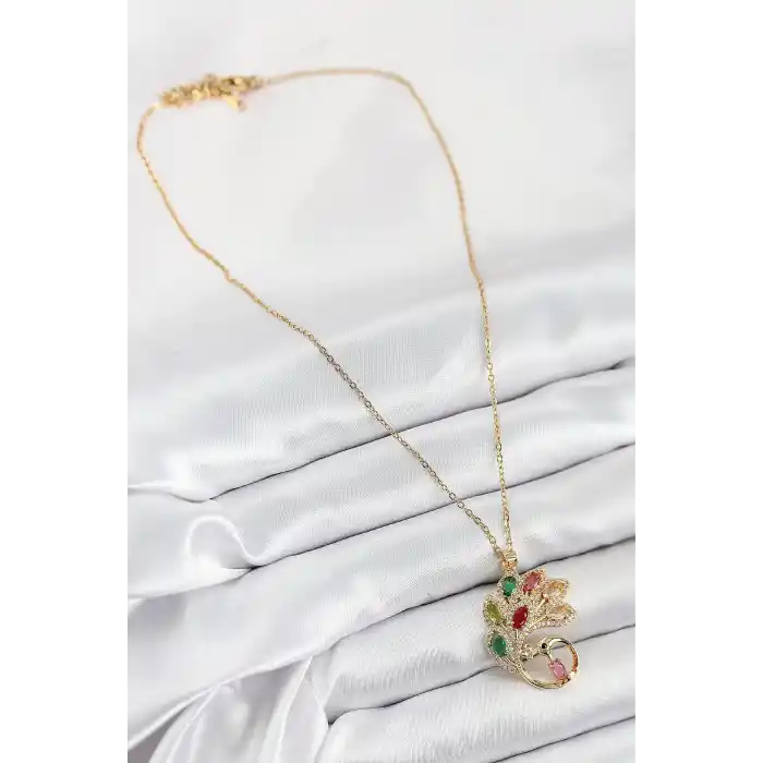 316L Çelik Zirkon Taşlı Tavus Kuşu Model Gold Renk Kadın Kolye