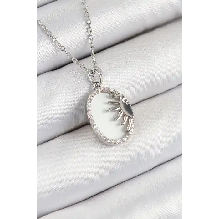 316L Çelik Zirkon Taşlı Yarım Güneş Model Gümüş Renk Kadın Kolye