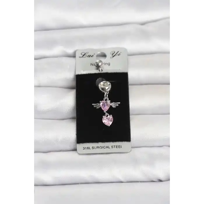 316L Cerrahi Çelik Pembe Zirkon Taşlı Kanat Model Göbek Piercing
