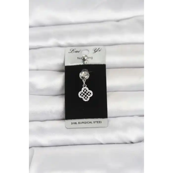 316L Cerrahi Çelik Zirkon Taşlı Sallantılı Yonca Model Göbek Piercing