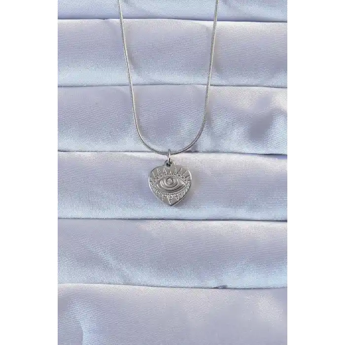 316L Gümüş Renk Zirkon Taşlı İşlemeli Göz Detay Kalp Kolye