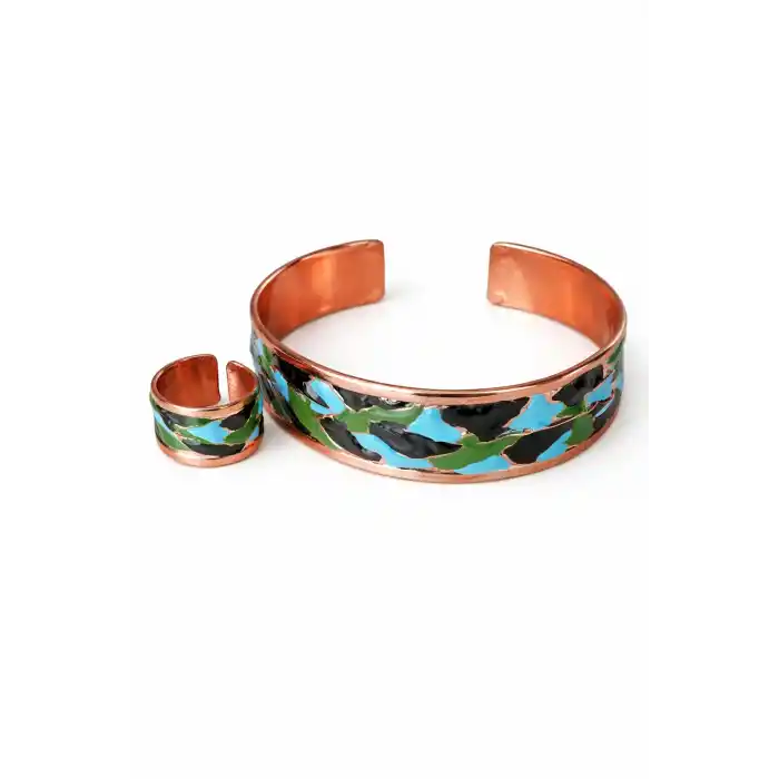Bakır Desenli Ayarlanabilir Bileklik ve Yüzük Seti 1025