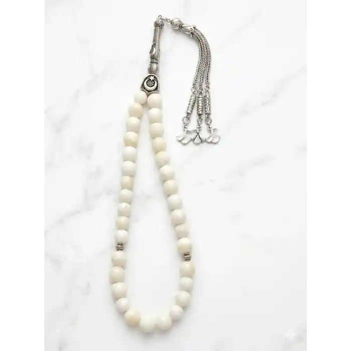 8 mm Beyaz Sedef Doğal Taş Tesbih - Ay Yıldız İmame ve Mevlevi  figürlü