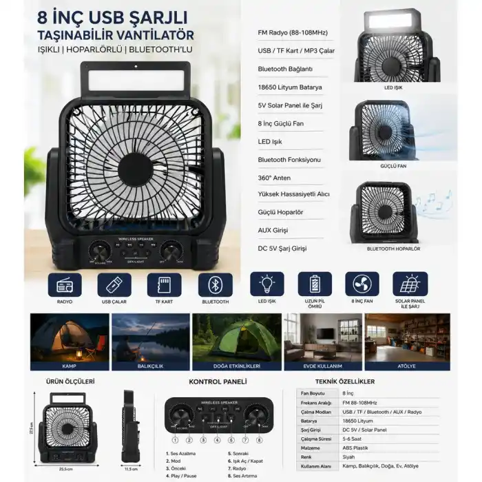 8 İnç Solar Kamp Vantilatörü FM Radyolu Bluetooth Hoparlörlü LED Işıklı PD950