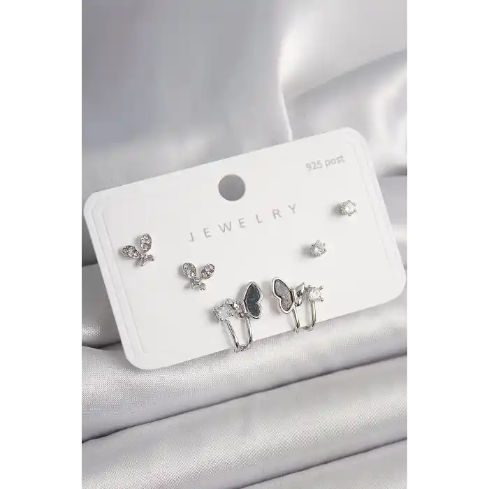 925 Ayar Gümüş Çivi Pirinç Gümüş Renk Zirkon Taşlı Kelebek Model Kadın Küpe Seti