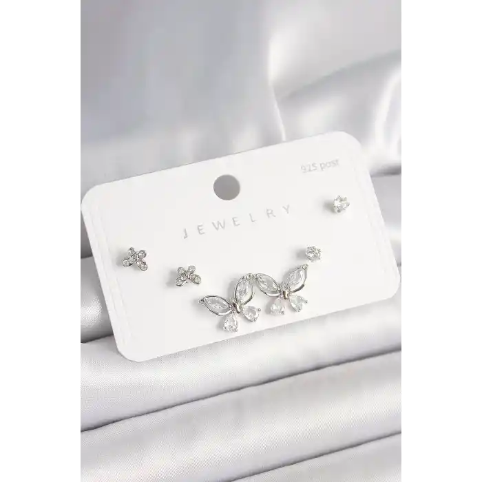 925 Ayar Gümüş Çivi Pirinç Gümüş Renk Zirkon Taşlı Kelebek Model Kadın Küpe Seti