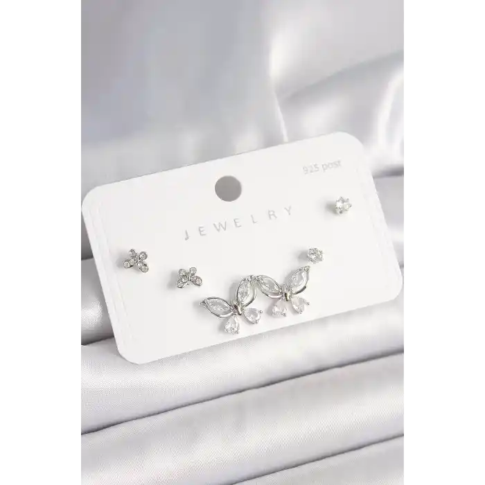 925 Ayar Gümüş Çivi Pirinç Gümüş Renk Zirkon Taşlı Kelebek Model Kadın Küpe Seti