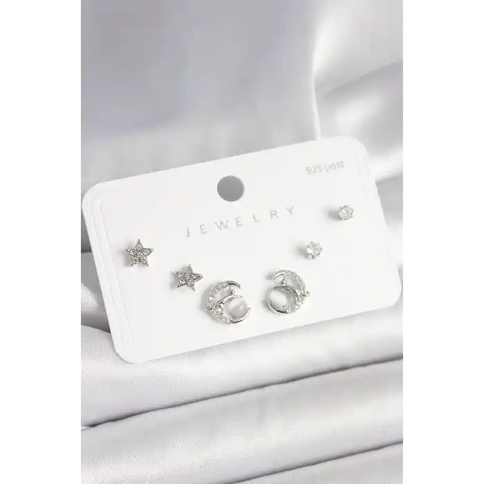 925 Ayar Gümüş Çivi Zirkon Taşlı Hilal Yıldız Model Kadın Küpe Seti
