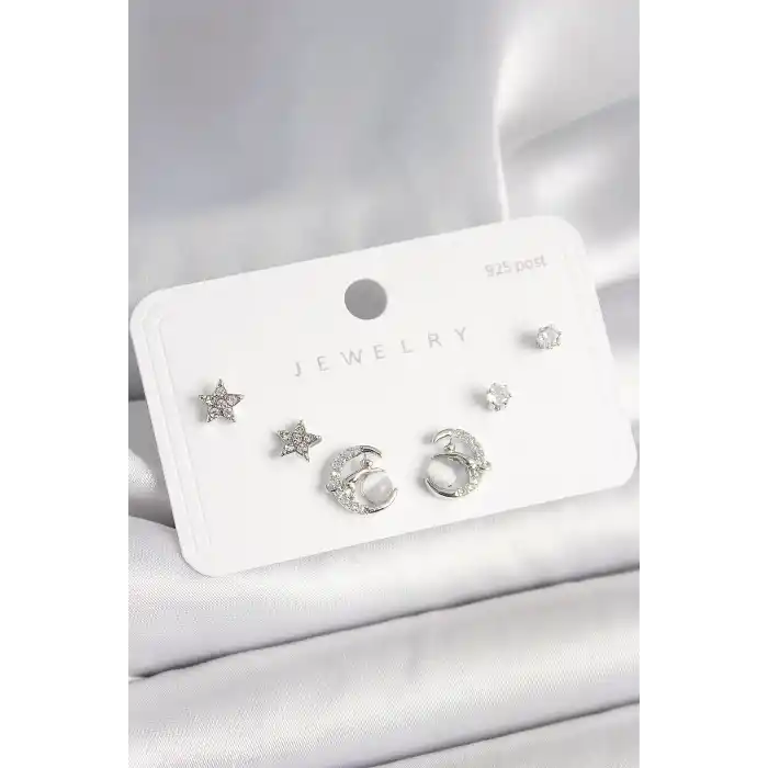 925 Ayar Gümüş Çivi Zirkon Taşlı Hilal Yıldız Model Kadın Küpe Seti