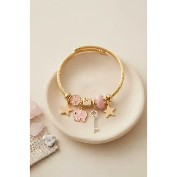Anahtar ve Fil Model Pembe Charmlı Bileklik