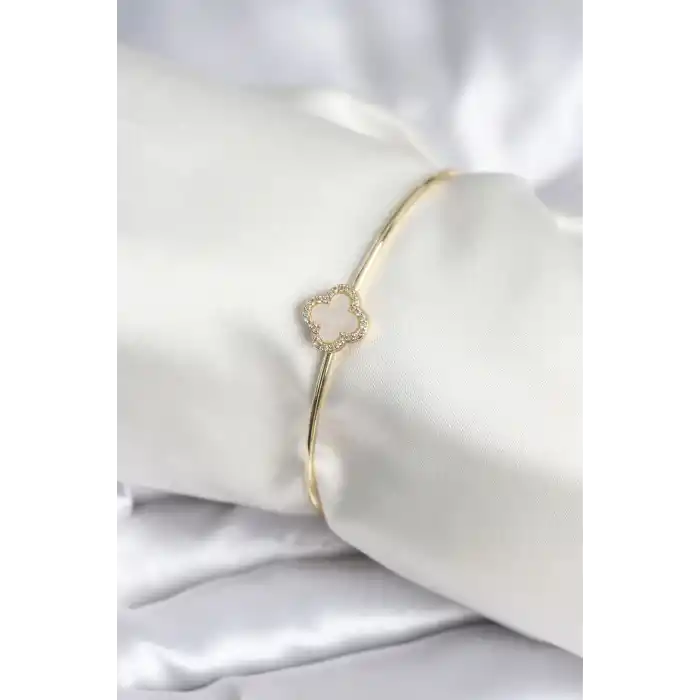 Beyaz Sedefli Yonca Model Gold Renk Kadın Bileklik