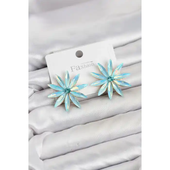 Buz Mavisi Kristal Taşlı Lotus Model Kadın Küpe