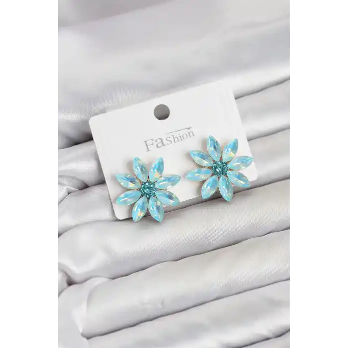 Buz Mavisi Renk Kristal Taşlı Lotus Çiçek Model Kadın Küpe