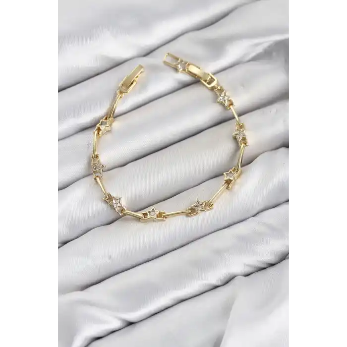 CM Gold Renk Yıldız Model Zirkon Taşlı Pirinç Kadın Bileklik