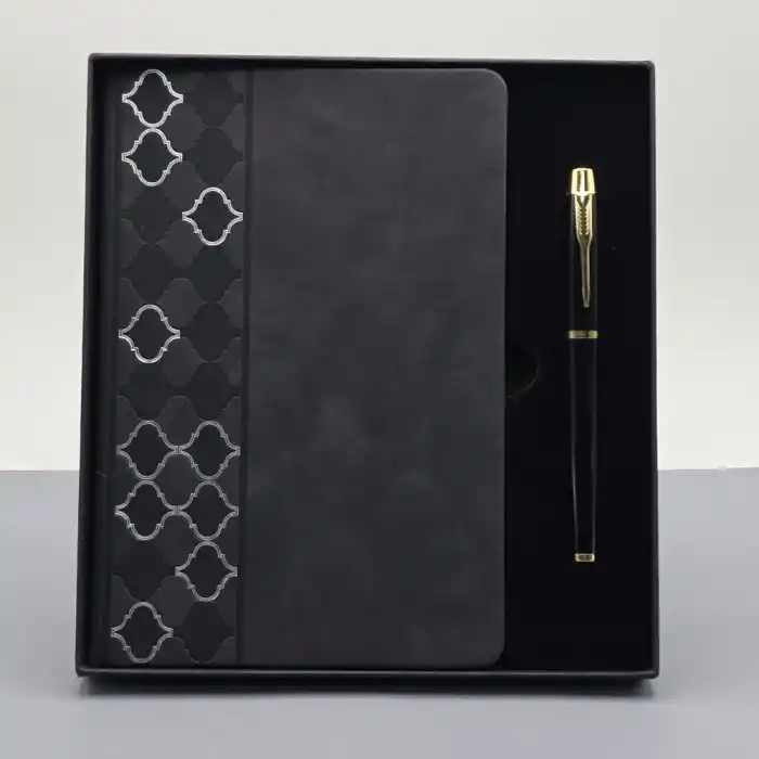 Desenli Siyah Deri Defter Kalem Set