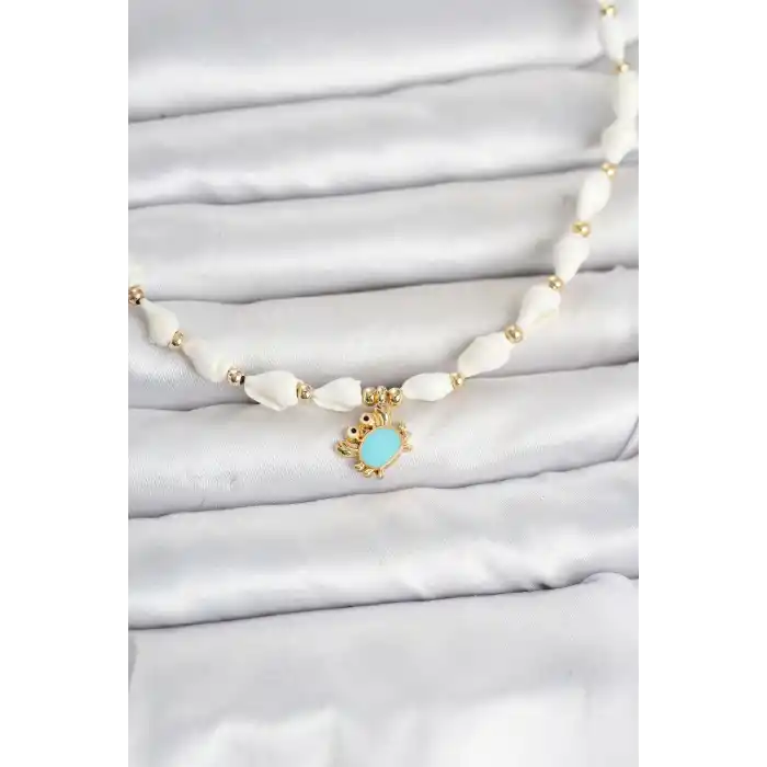 Doğal Deniz Kabuğu Dizili Mavi Yengeç Model Kolye