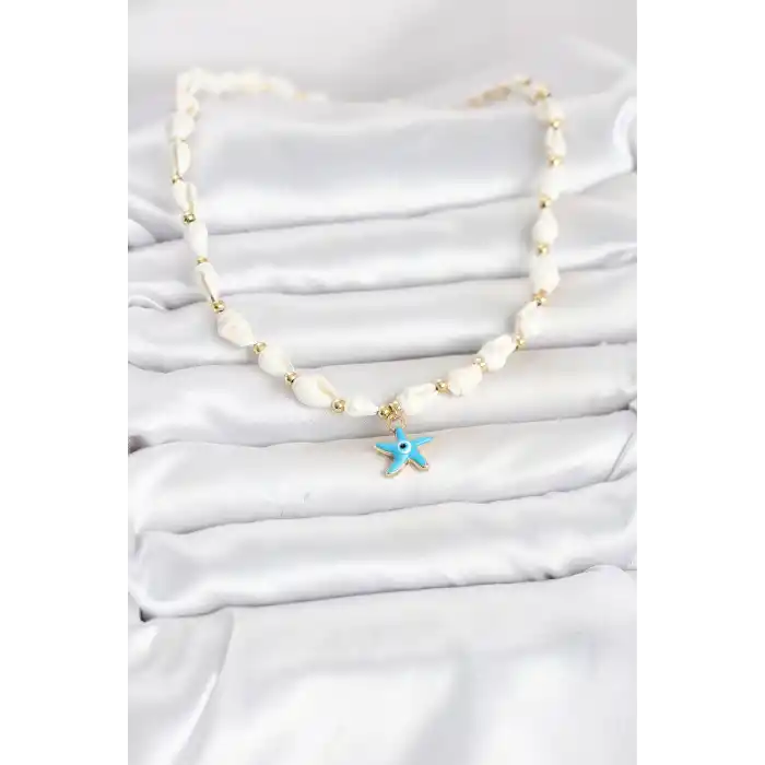 Doğal Deniz Kabuğu Dizili Mavi Yıldız Model Kolye