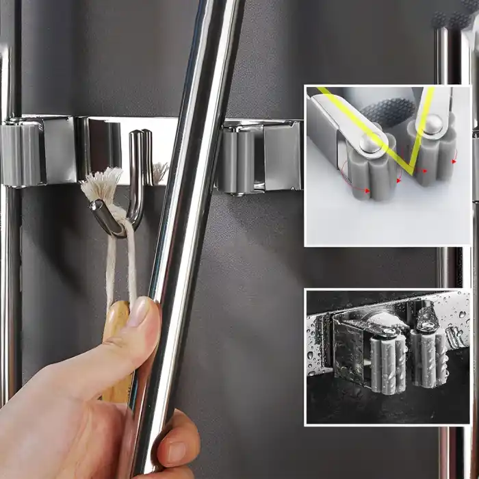 Dört Kancalı Askılık Üç Klıpslı Paspas Süpürge Tutucu