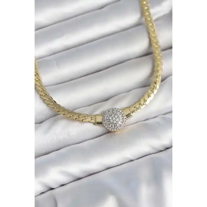 Ezme Zincir Model Zirkon Taşlı VIP Seri Gold Renk Kadın Kolye