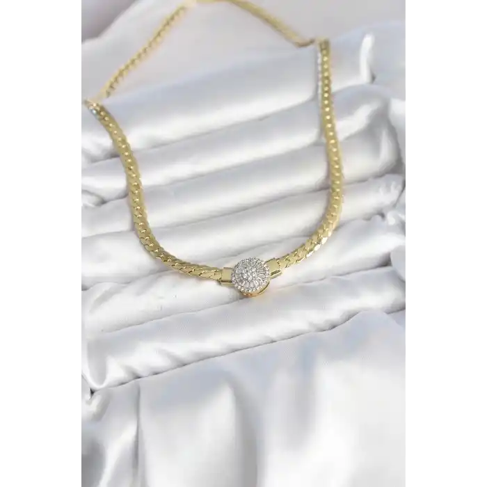 Ezme Zincir Model Zirkon Taşlı VIP Seri Gold Renk Kadın Kolye