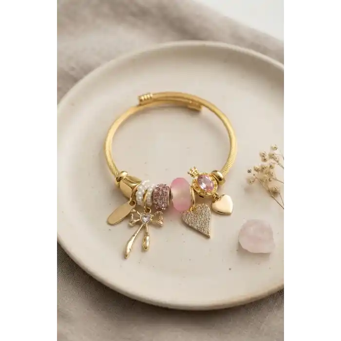 Fiyonk ve Kalp Pembe Charmlı Bileklik