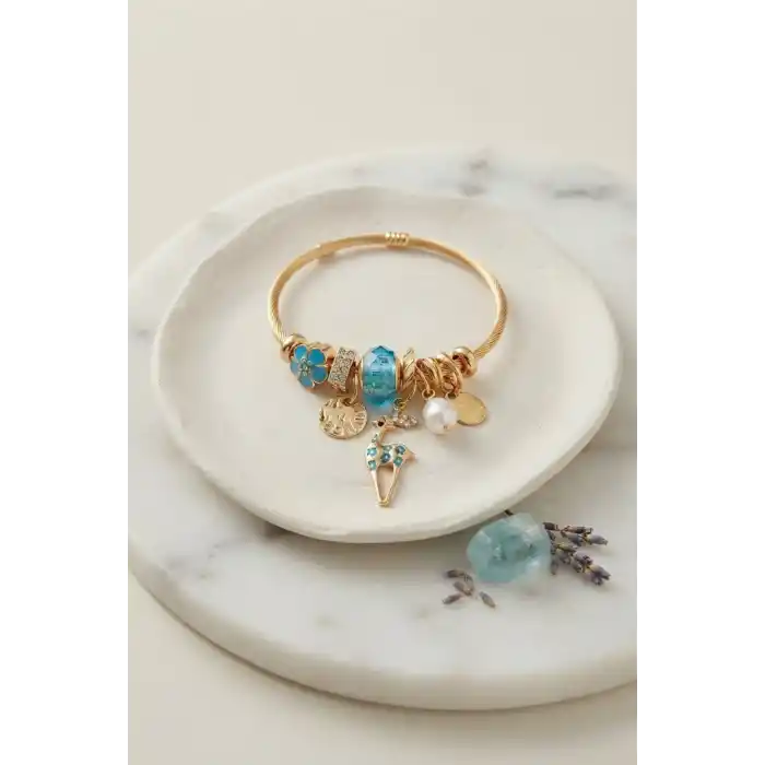Geyik Model Gold Renk Mavi Charmlı Bileklik
