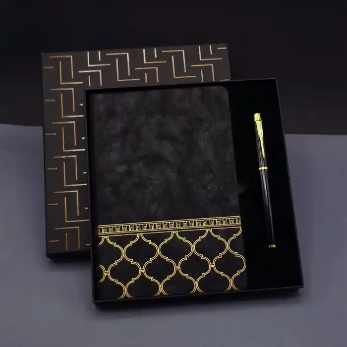 Gold Desen Siyah Deri Defter Kalem Set