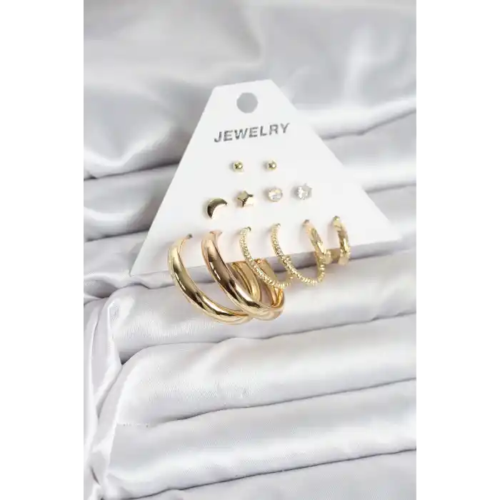 Gold Renk 6 Çiftli Pirinç Kadın Küpe Seti