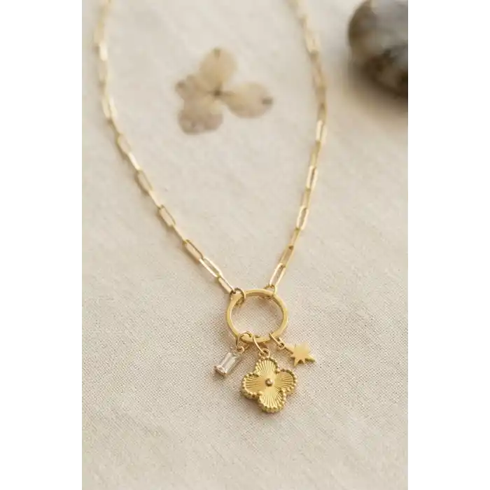 Gold Renk Ataç Zincir Yonca Model Kadın Kolye