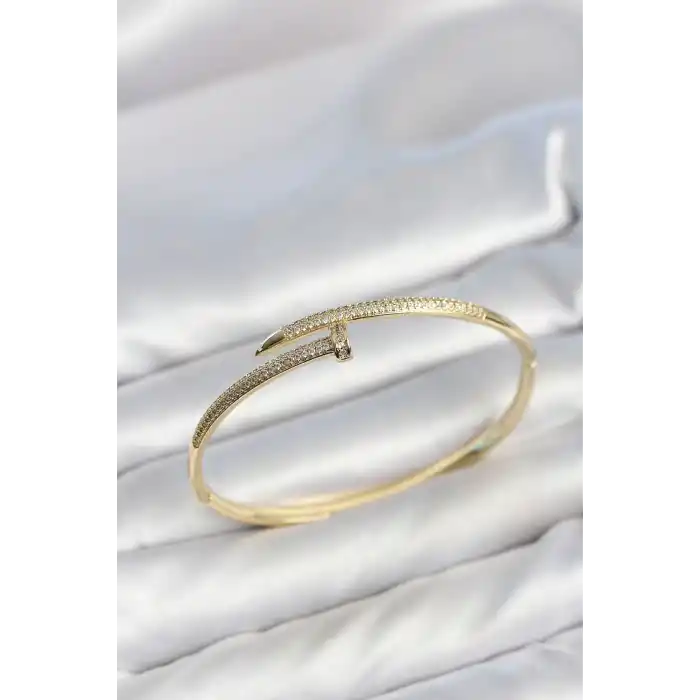 Gold Renk Çivi Model Zirkon Taşlı Kadın Kelepçe Bileklik