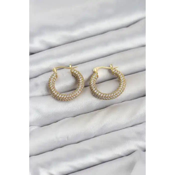 Gold Renk Full Zirkon Taşlı Halka Kadın Küpe