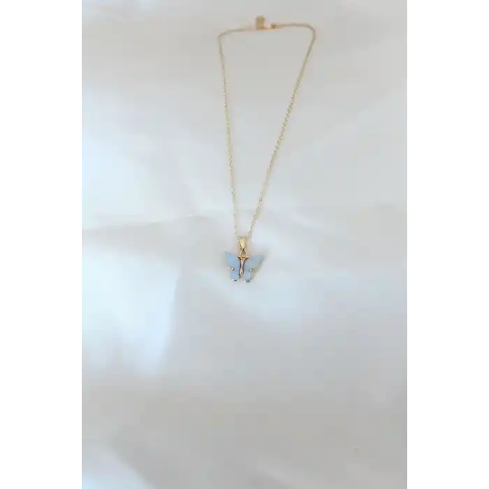 Gold Renk Kaplama Buz Mavisi Renk Sedefli Kelebek Kolye