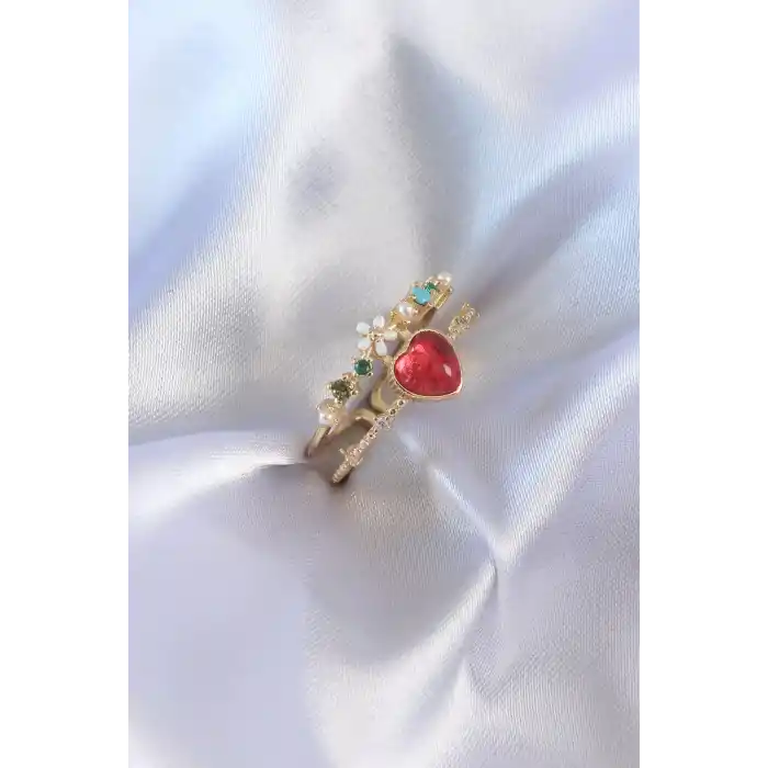 Gold Renk Kırmızı Zirkon Taş Kalp Model Pirinç Kadın Yüzük