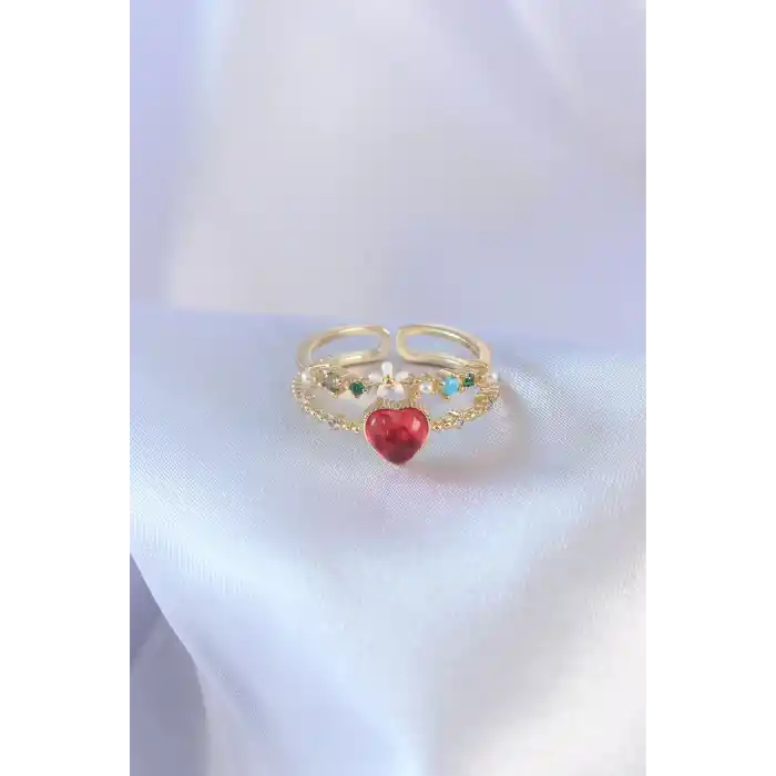 Gold Renk Kırmızı Zirkon Taş Kalp Model Pirinç Kadın Yüzük