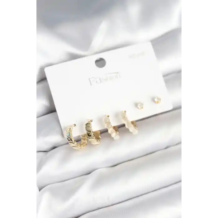 Gold Renk Pirinç Halka 925 Ayar Gümüş Çivili Kadın Küpe Seti