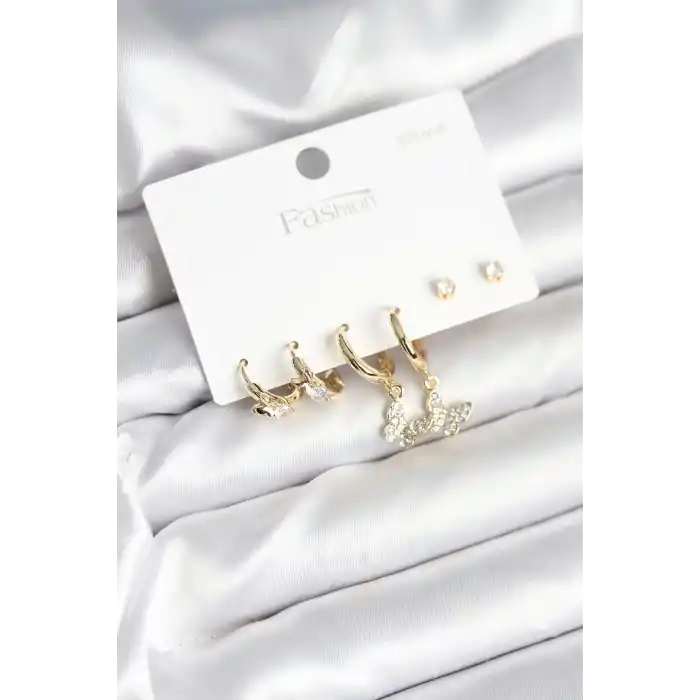 Gold Renk Pirinç Kelebek Model 925 Ayar Gümüş Çivili Kadın Küpe Seti