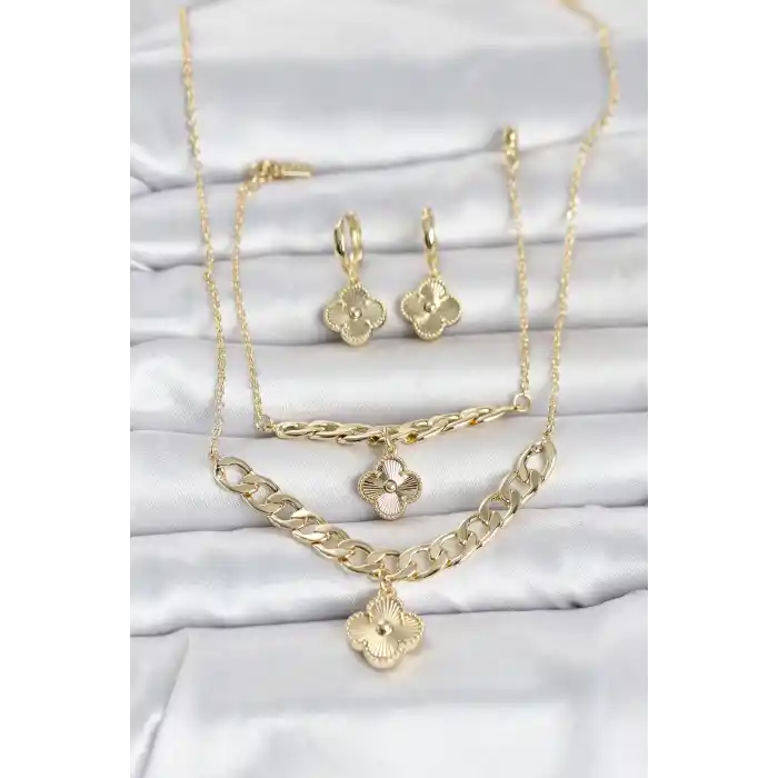 Gold Renk Pirinç Kolye Bileklik ve Küpe Seti