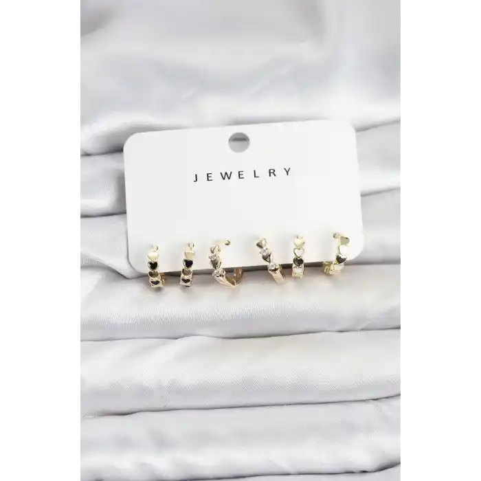 Gold Renk Pirinç Minimal Kalp Detaylı Kadın Küpe Seti