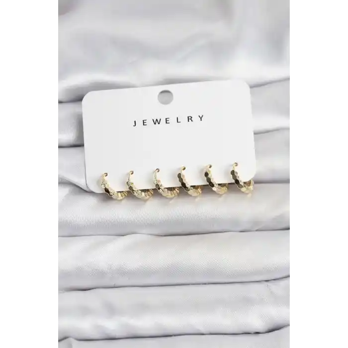 Gold Renk Pirinç Minimal Petek Detaylı Kadın Küpe Seti